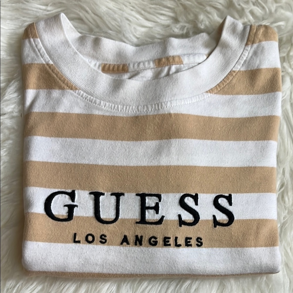 Guess Tan and White Striped Long Sleeved Shirt Men’s Size Small - Picture 2 of 9